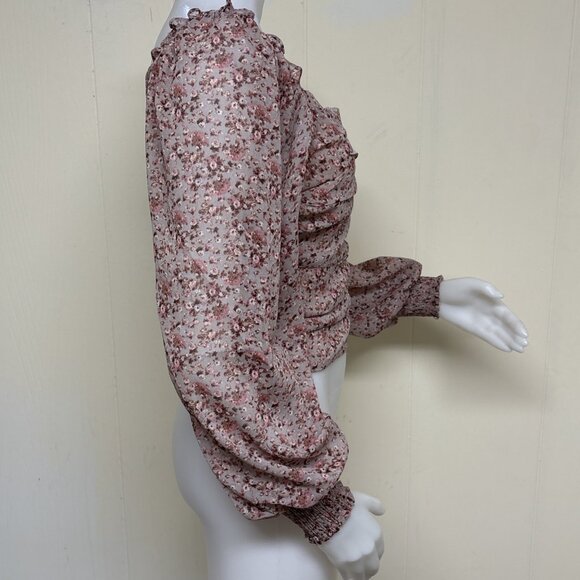 Bohme Peasant Blouse Womens S Blush Floral Smocked Chiffon Long Sleeve Top Boho - Picture 5 of 12